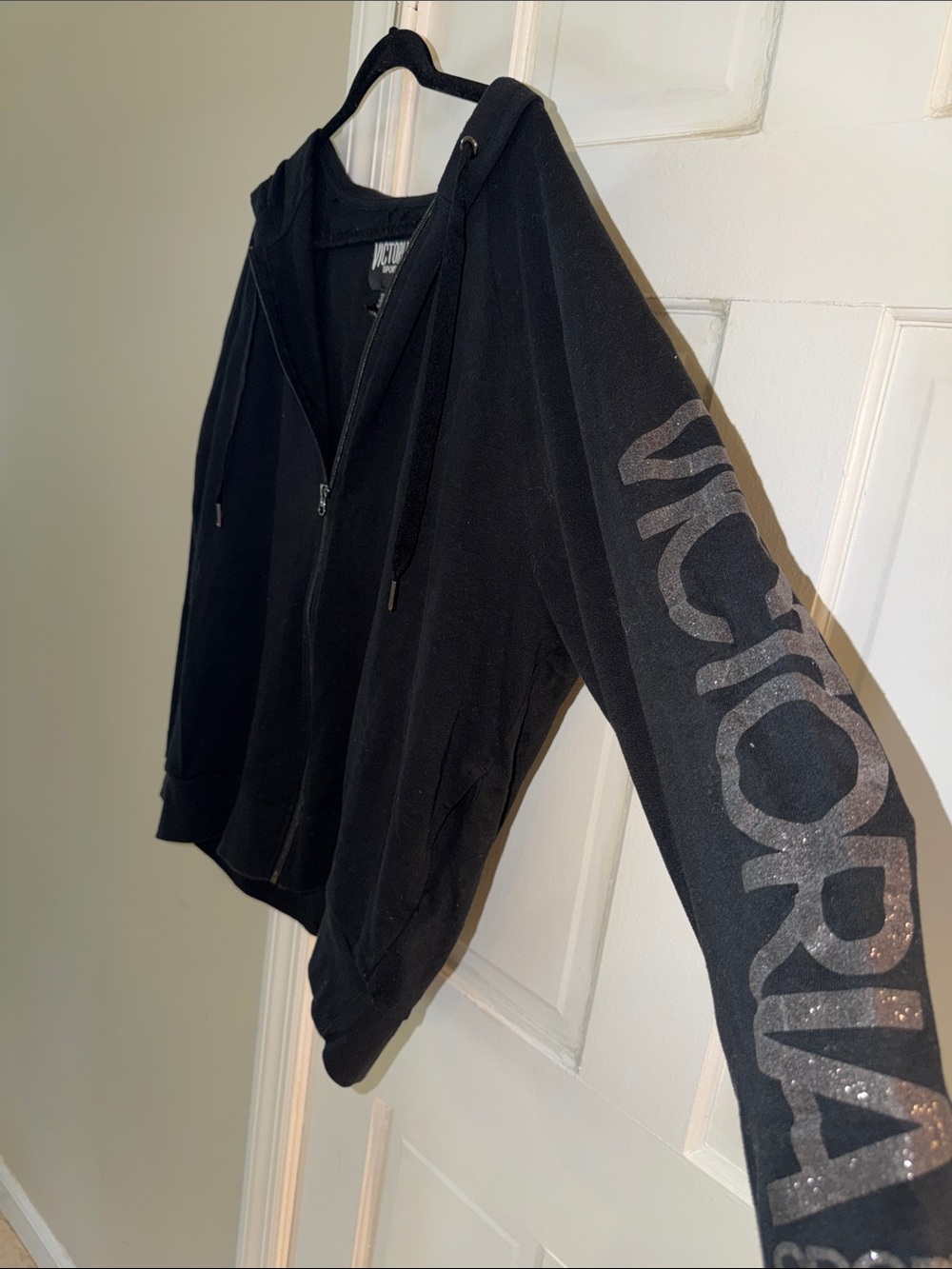 Victoria's Secret Black Zip Hoodie with Glitter Logo Sleeve